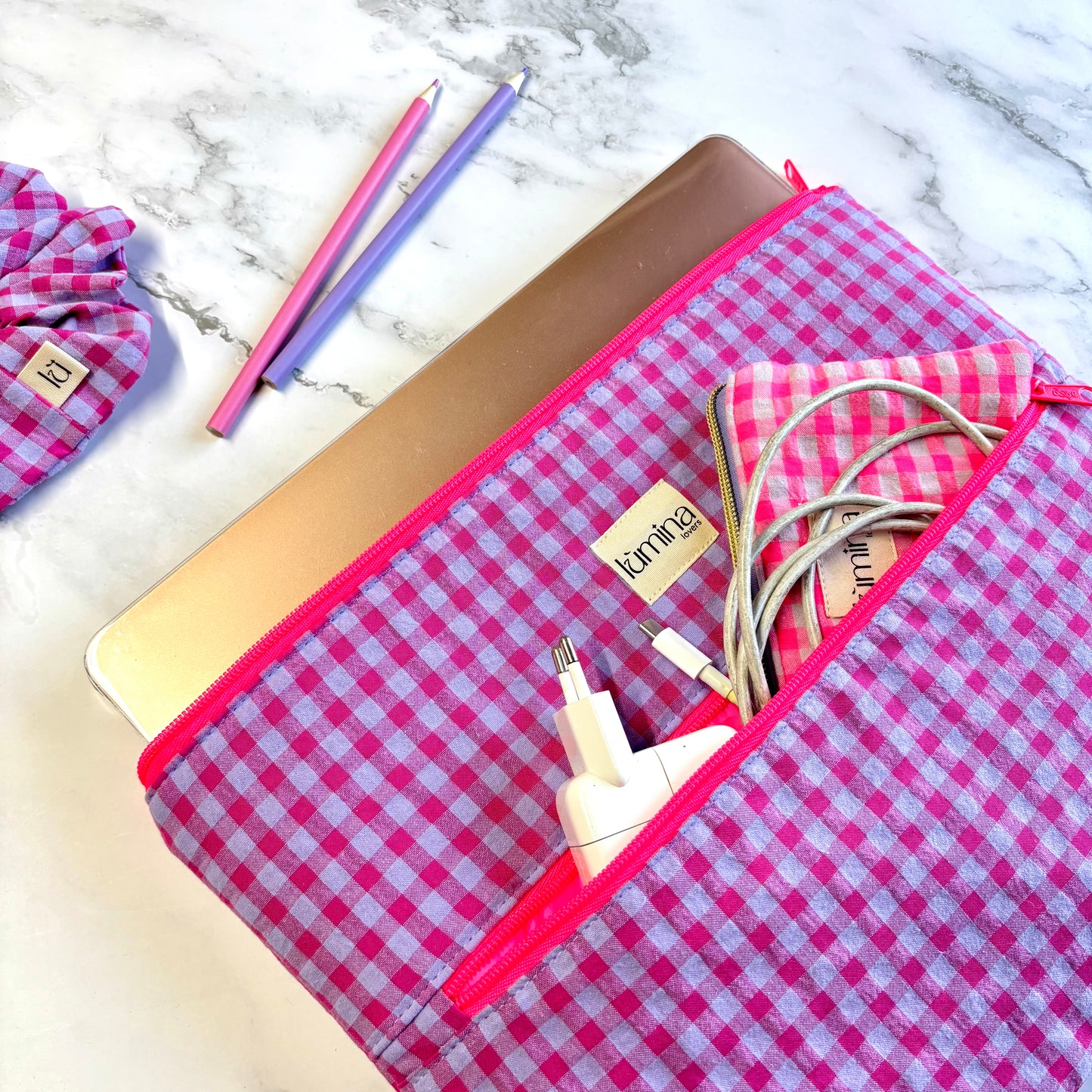 Laptop Sleeve 11"–16” – Purple & Pink gingham case with front pocket