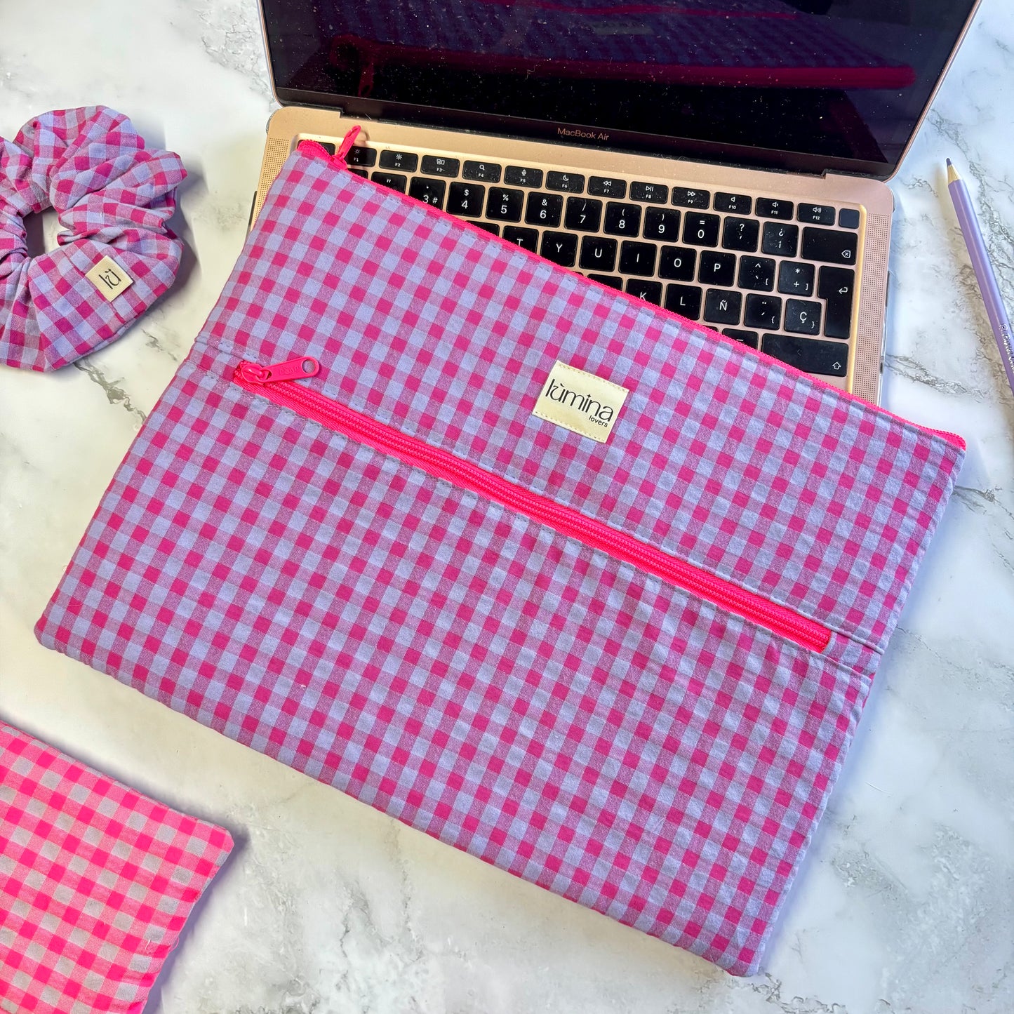 Laptop Sleeve 11"–16” – Purple & Pink gingham case with front pocket