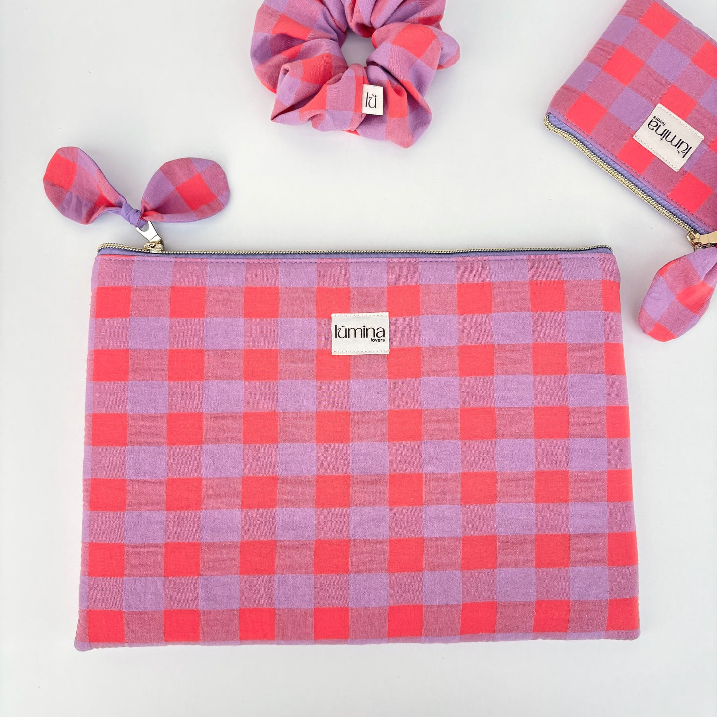 Laptop & Tablet Sleeve 11–16” – Light Orange and Purple Maxi Gingham