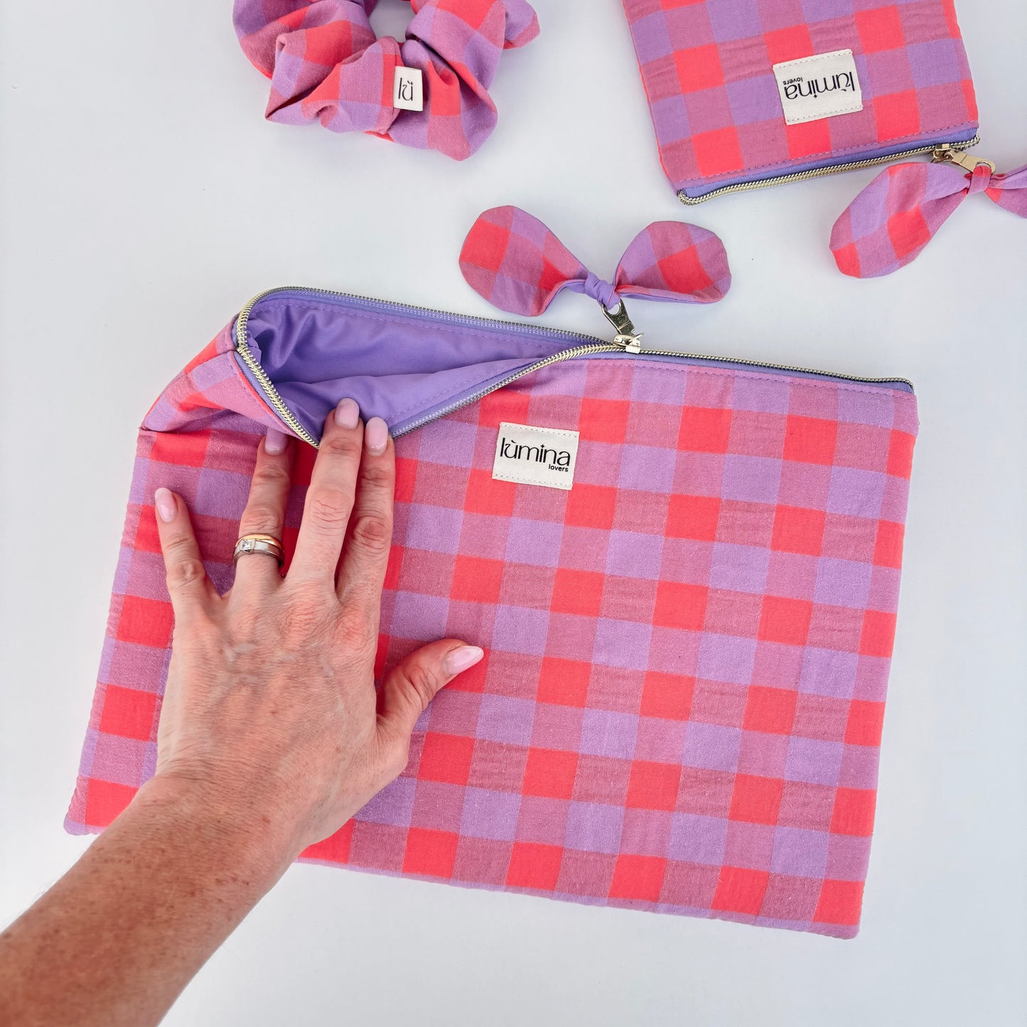 Laptop & Tablet Sleeve 11–16” – Light Orange and Purple Maxi Gingham