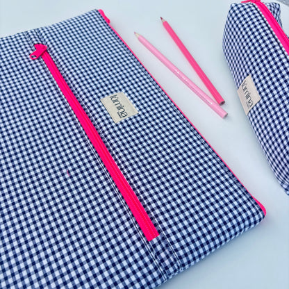 Laptop Sleeve 11"–16” – White & Black gingham case with front pocket and Pink Neon Zipper