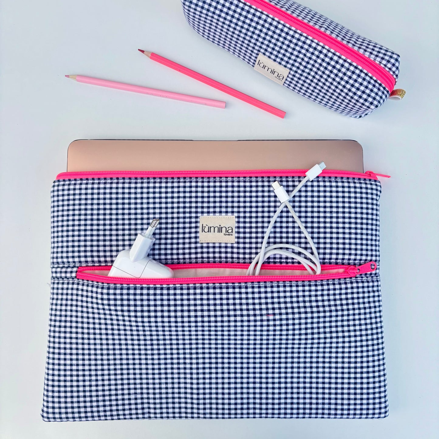 Laptop Sleeve 11"–16” – White & Black gingham case with front pocket and Pink Neon Zipper