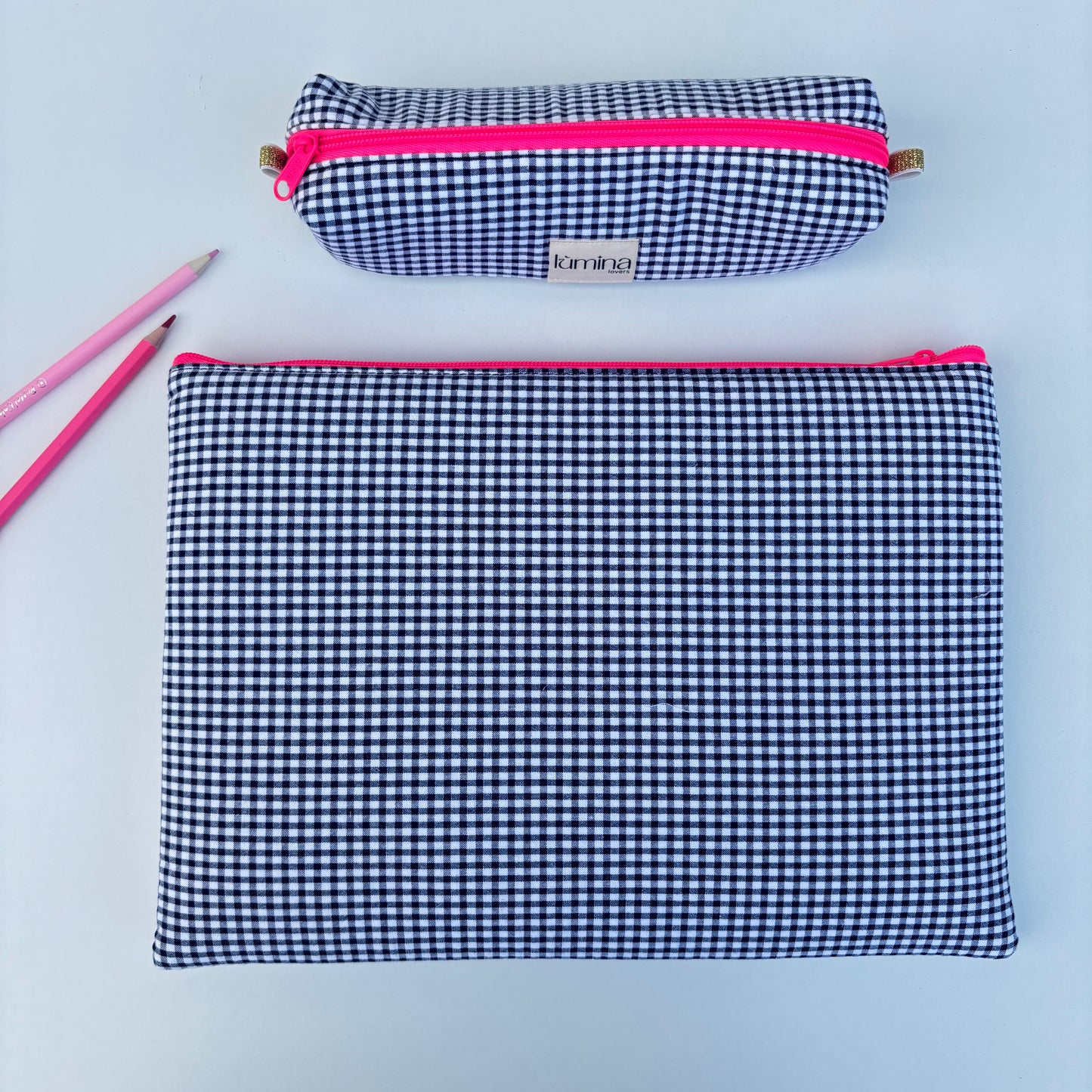 Laptop Sleeve 11"–16” – White & Black gingham case with front pocket and Pink Neon Zipper