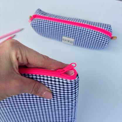 Laptop Sleeve 11"–16” – White & Black gingham case with front pocket and Pink Neon Zipper