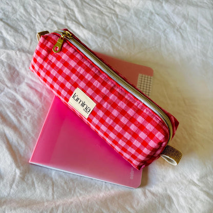 Pencil Case – Red & Pink Gingham Zipper Pouch