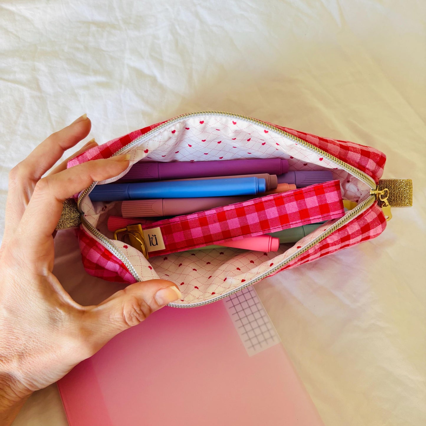 Pencil Case – Red & Pink Gingham Zipper Pouch