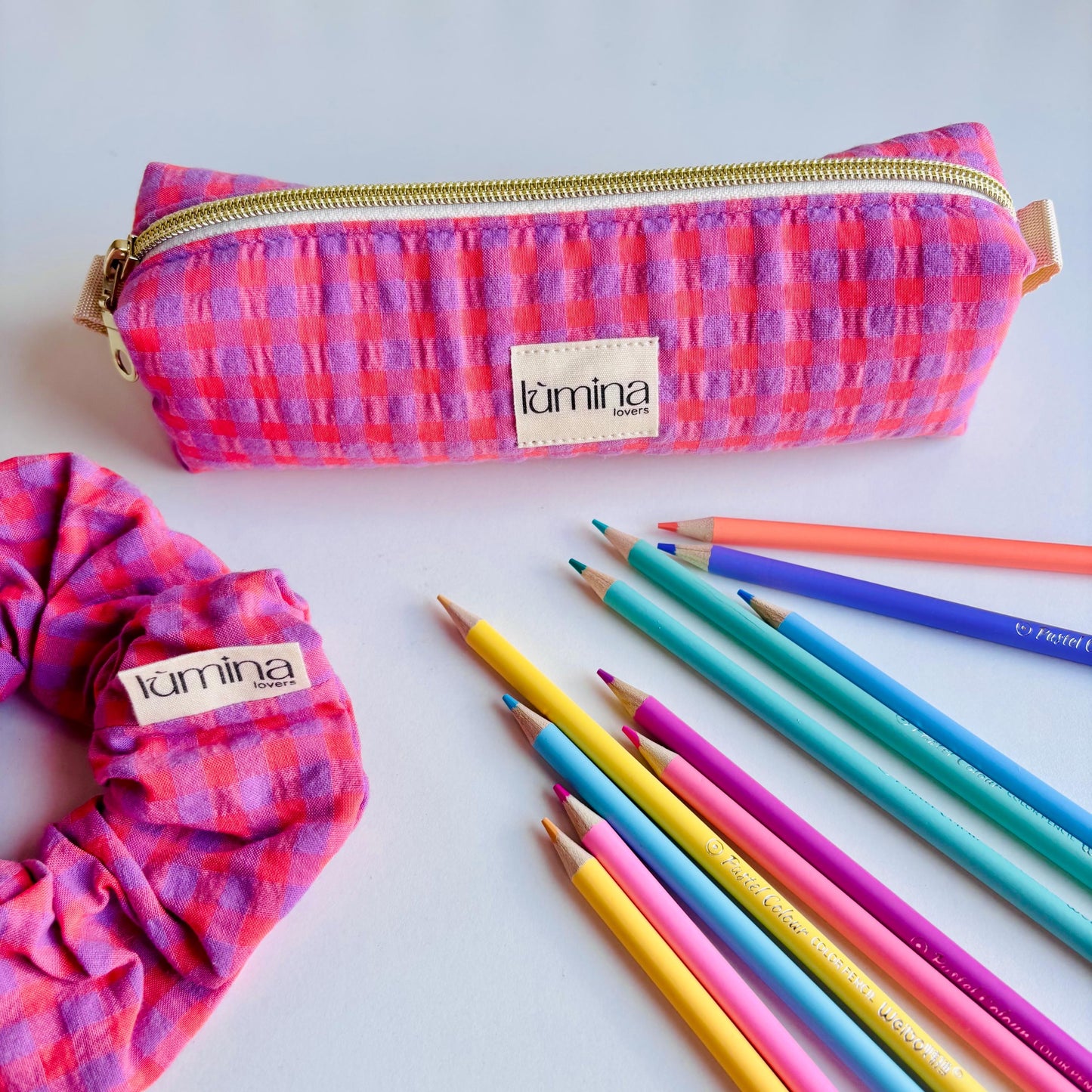 Pencil Case – Purple & Orange Gingham Zipper Pouch