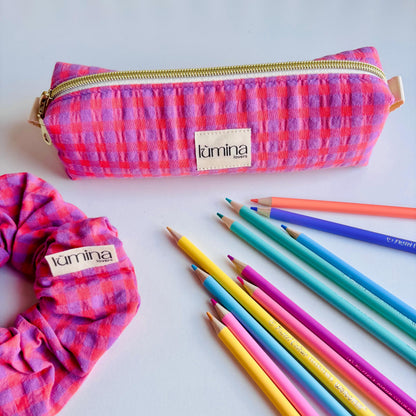 Pencil Case – Purple & Orange Gingham Zipper Pouch