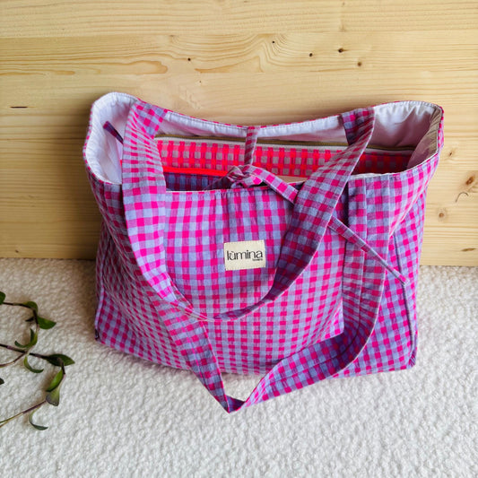 Padded Tote Bag – Pink & Purple Gingham Laptop Everyday Bag