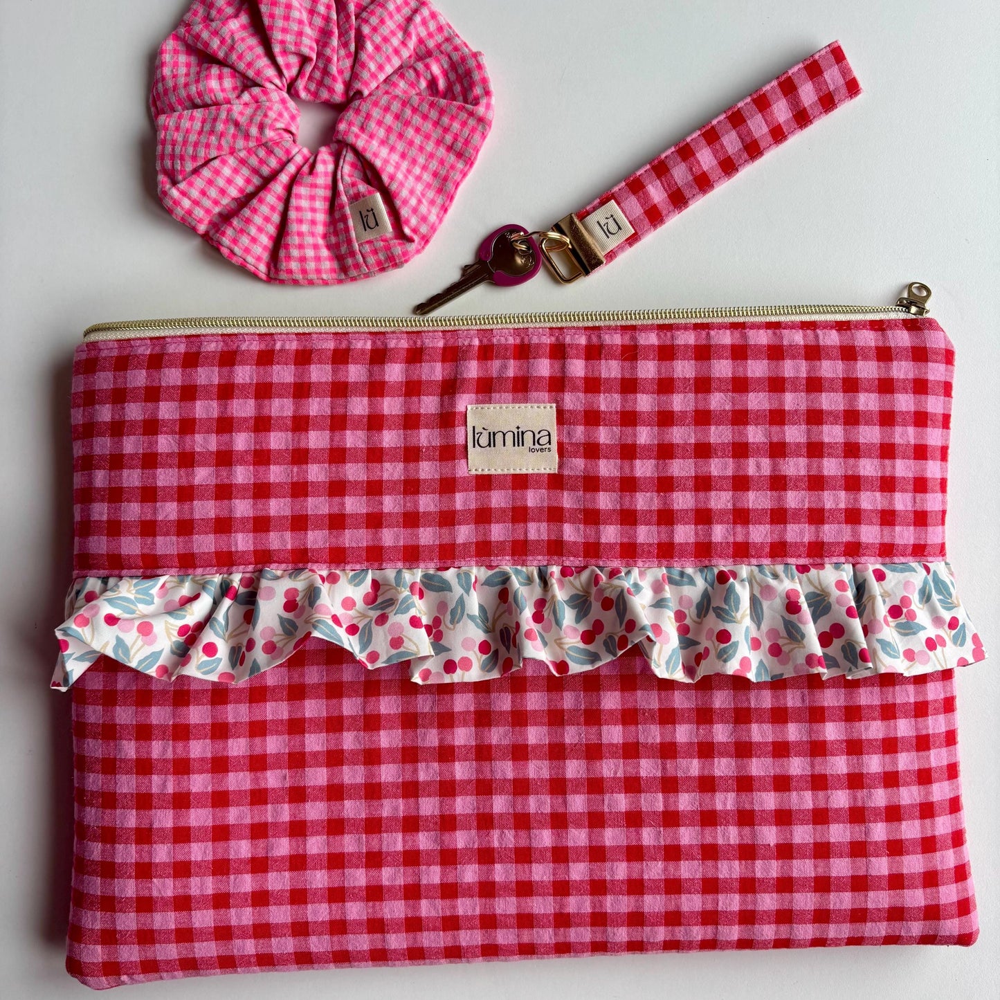 Laptop & Tablet Sleeve 11"–16” – Red and Pink Gingham with Cherry Ruffle