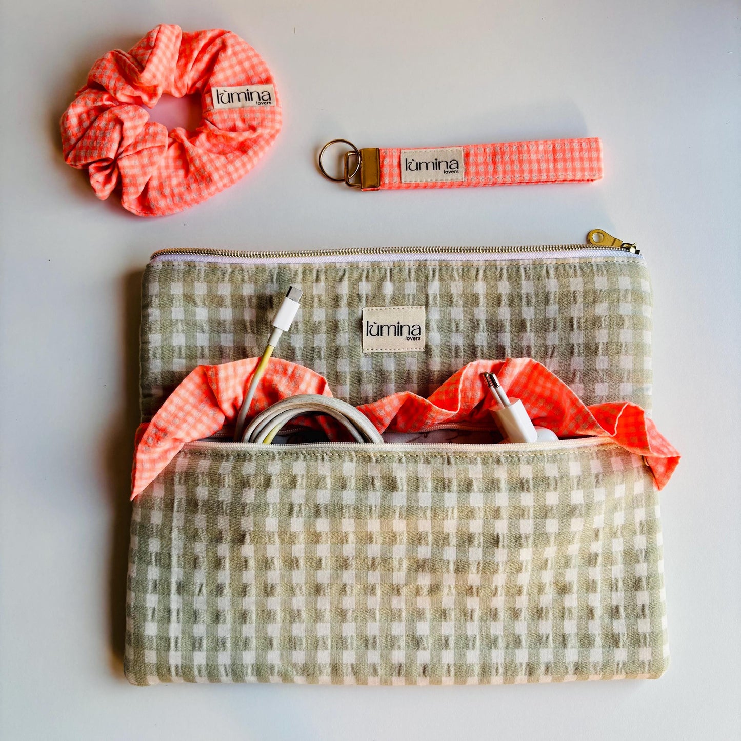 Laptop & Tablet Sleeve 11"–16” – Sage Green with Neon Orange Ruffle
