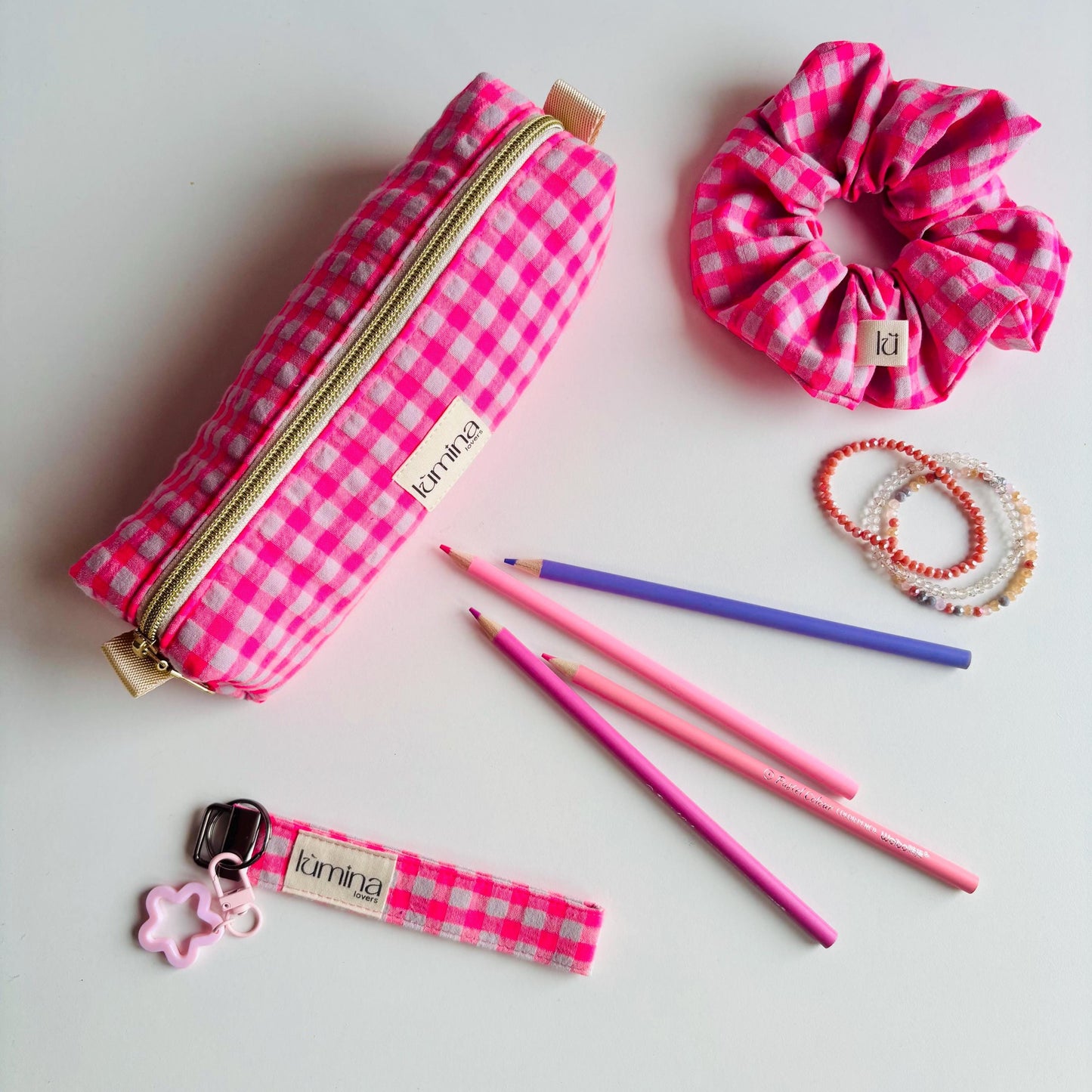 Pencil Case – Neon pink Gingham Makeup Bag & Zipper Pouch