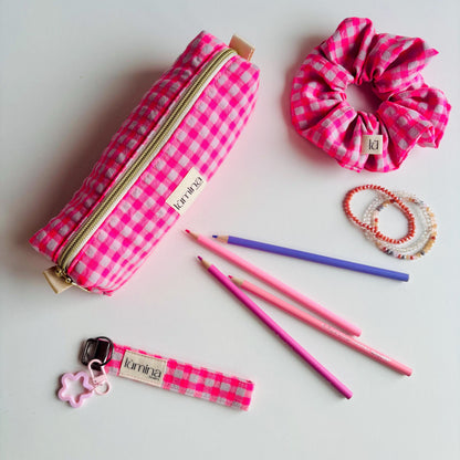Pencil Case – Neon pink Gingham Makeup Bag & Zipper Pouch