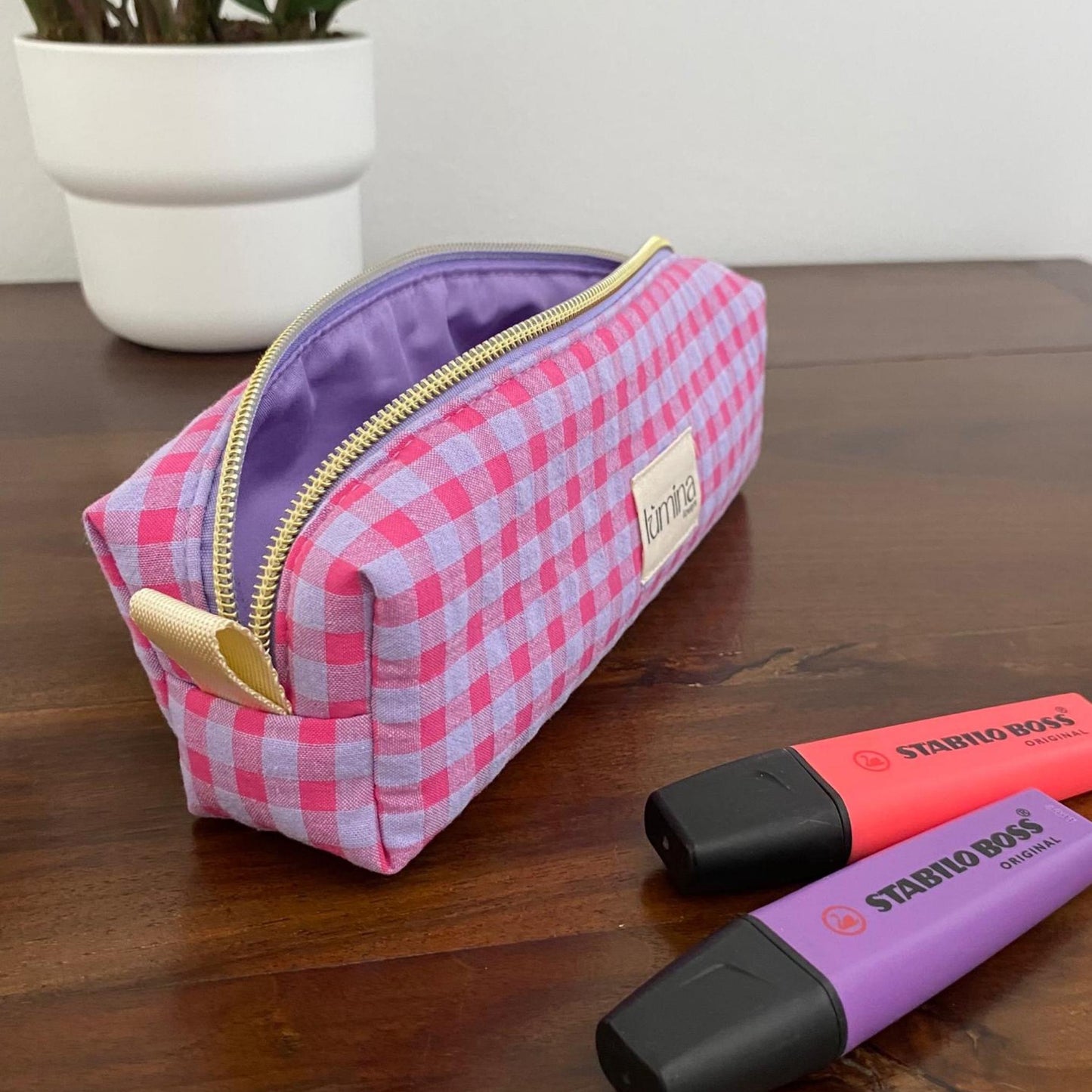 Pencil Case – Pink and Purple Gingham Zipper Pouch