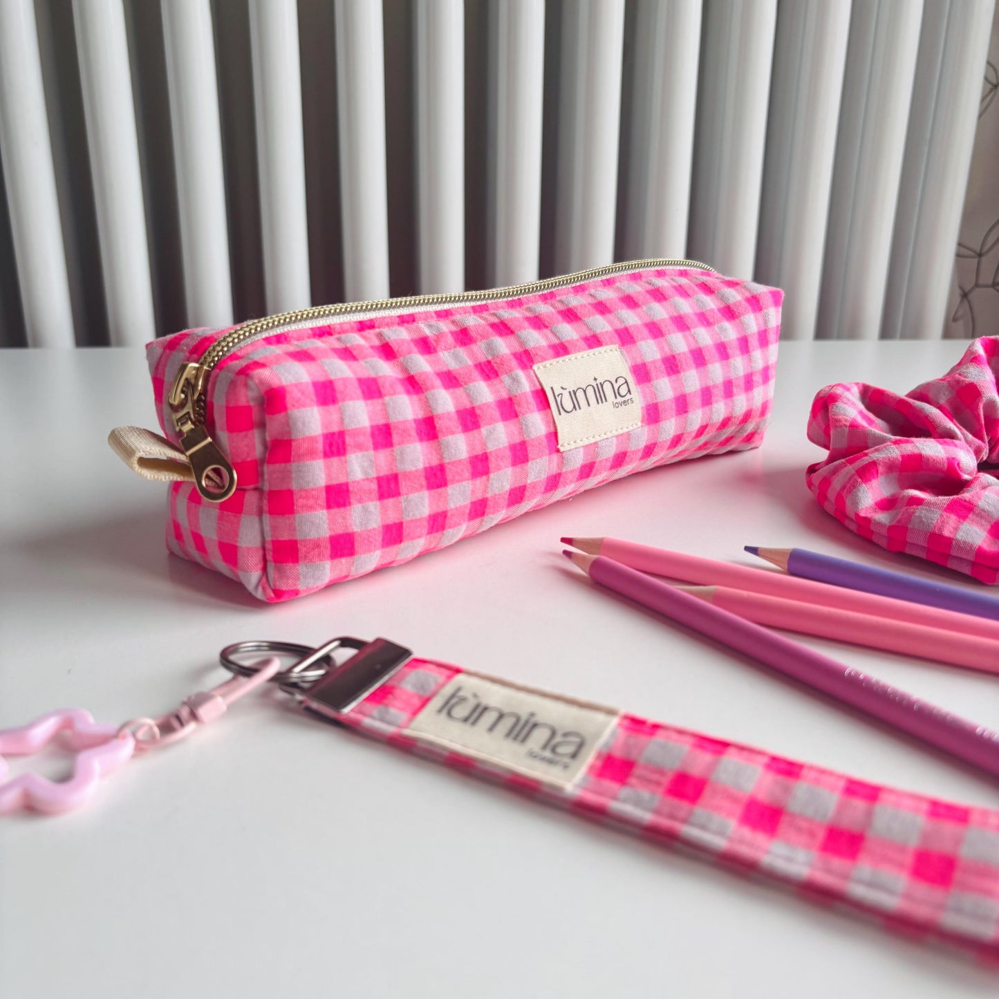 Pencil Case – Neon pink Gingham Makeup Bag & Zipper Pouch