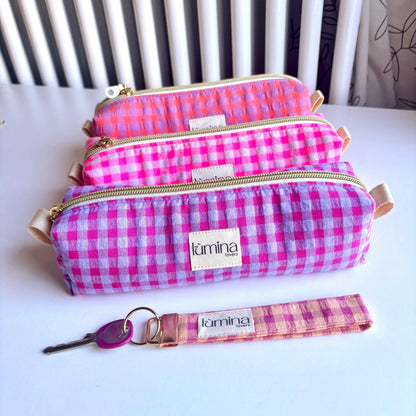 Pencil Case – Purple & Orange Gingham Zipper Pouch