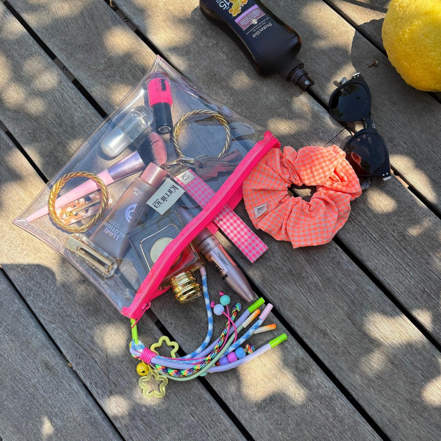 Clear PVC travel pouch | Flat Transparent Makeup Bag with Neon Pink Zipper