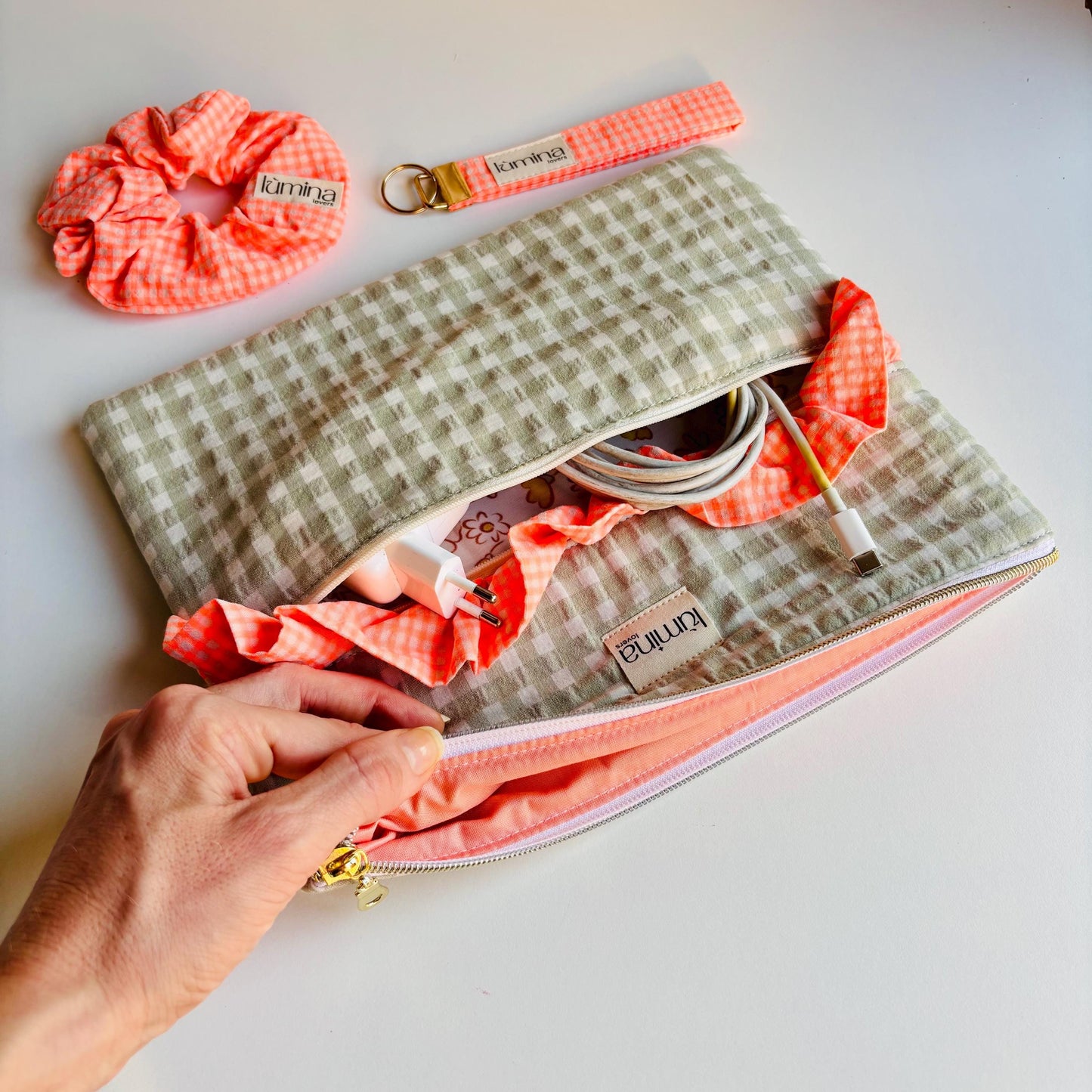 Laptop & Tablet Sleeve 11"–16” – Sage Green with Neon Orange Ruffle