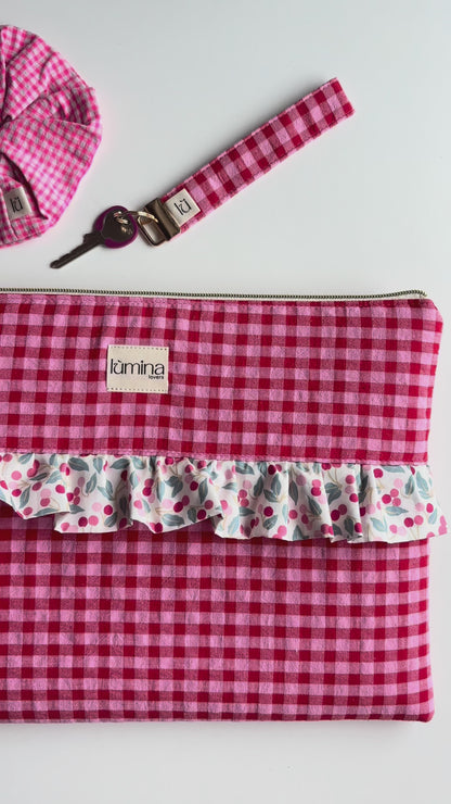 Laptop & Tablet Sleeve 11"–16” – Red and Pink Gingham with Cherry Ruffle